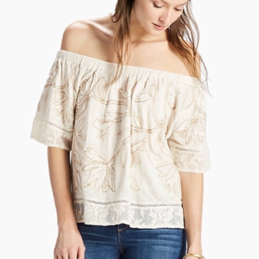 Lucky Brand Embroidered Off Shoulder Top Blouse